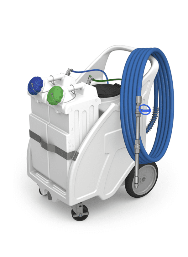 White pressure washer with blue hose and handle.